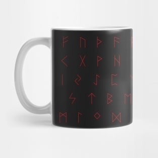 Futhark Rune Alphabet Stickers in Burnt Wood and Blood Mug